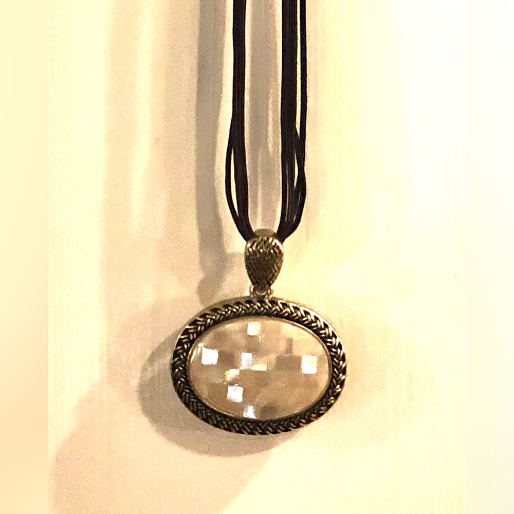 Lia Sophia mother of pearl pendant gold tone black rope necklace